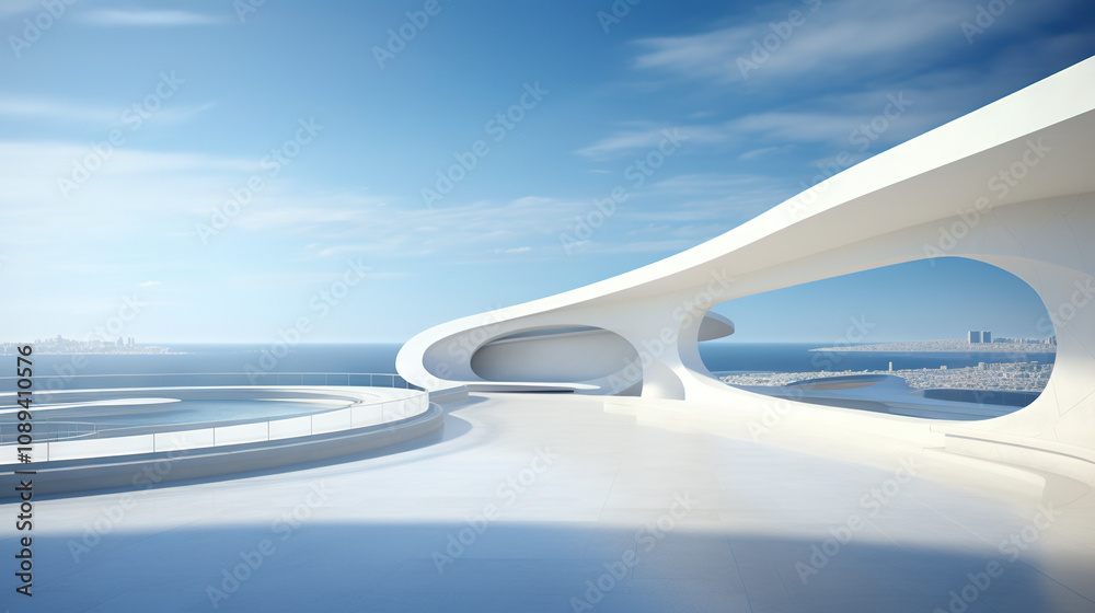 Poster Abstract architecture scene with smooth curves. Abstract background with futuristic building in white and blue colors.