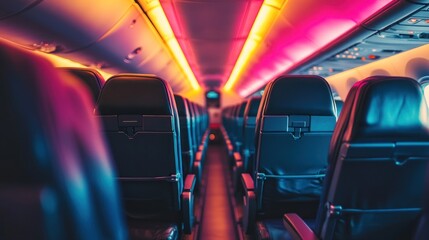 Fototapeta premium Interior of an airplane cabin with colorful lighting and empty seats.