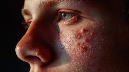 Fototapeta premium Close-up of Face Highlighting Acne Spot with Clear Skin Contrast