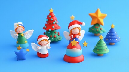 Miniature Festive Figurines of Angels and Stars on Plain Background