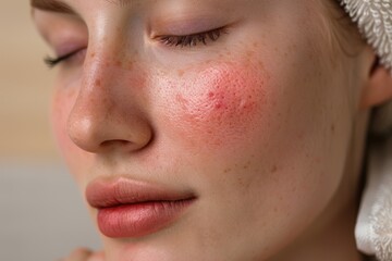Fototapeta premium Close-up portrait of serene face with a red pimple in spa setting