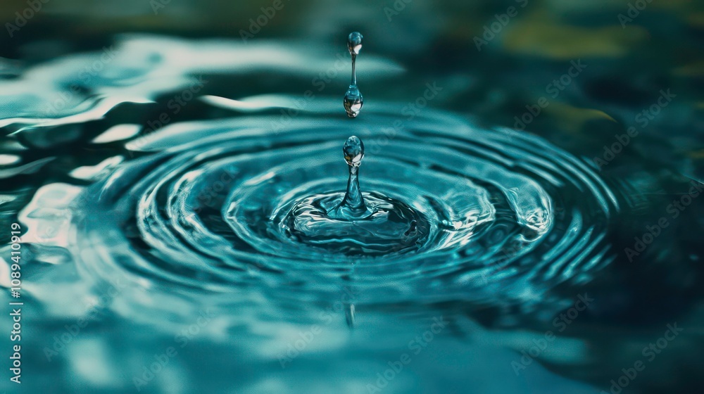 Poster a single water drop falls into still water, creating concentric ripples.