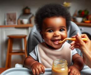 nine month old African American baby smiling with dimples in a high chair being fed by an African American female hand, jar of baby food