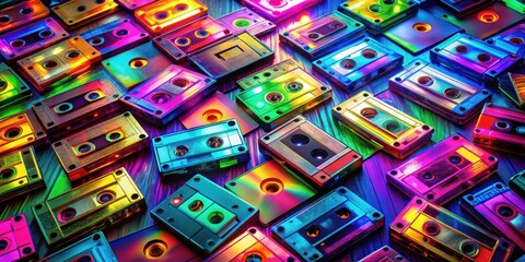 Fototapeta premium A Colorful Tapestry of Retro Audio Cassettes, Capturing the Essence of a Bygone Era of Music and Memories
