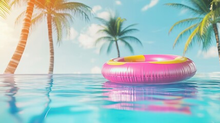 Obraz premium Colorful inflatable ring drifting peacefully in a swimming pool surrounded by palm trees, perfect for tropical vacation imagery.