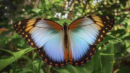 Naklejka premium Beautiful Blue and Orange Butterfly Resting in a Natural Green Setting