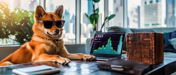 Dog in Sunglasses Analyzing Ethereum Charts in Urban Apartment