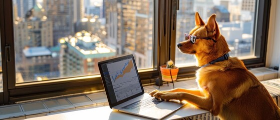 Dog Wearing Sunglasses Observing Laptop with Ethereum Charts