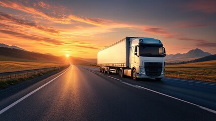 Commercial truck hauling cargo on a long, empty stretch of road, with mountains silhouetted in the distance