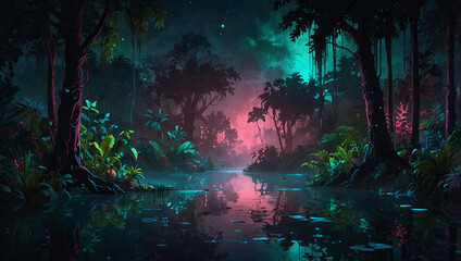 A surreal bioluminescent jungle at night