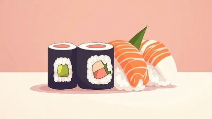 Delicious sushi rolls with colorful fillings and fresh fish, on a soft pink background.