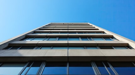 Fototapeta premium Contemporary concrete building with sleek lines and minimalist details under a deep blue sky, creating an industrial urban feel.