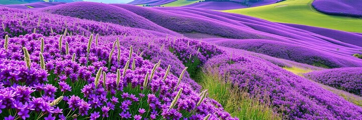 Obraz premium Rolling hills of vibrant purple flowers swaying gently in the breeze, botanical beauty, rustic charm