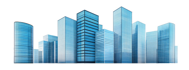 Modern skyscrapers of a smart city, futuristic financial district, graphic perspective of buildings and reflections - Architectural blue background for corporate and business brochure template