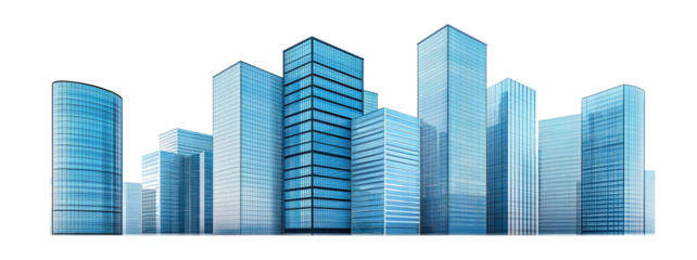 Modern skyscrapers of a smart city, futuristic financial district, graphic perspective of buildings and reflections - Architectural blue background for corporate and business brochure template