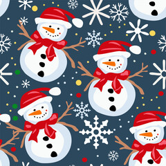 Hand drawn vector seamless
christmas pattern with cartoon funny
snowman in hat of santa claus, 
snowflake. 2025 New Year fashion
ornament for fabric, paper, textiles, notepad, packaging.