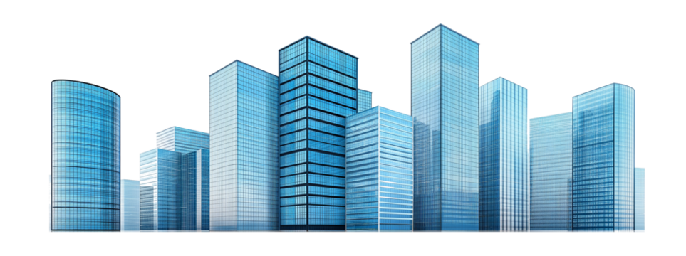 Modern skyscrapers of a smart city, futuristic financial district, graphic perspective of buildings and reflections - Architectural blue background for corporate and business brochure template