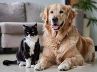Friendly Golden Retriever and Black-and-White Cat Indoors