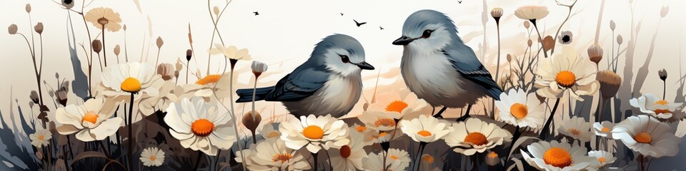 Obraz premium Two small blue birds perched amidst a field of delicate white and orange daisies. A serene and picturesque scene.