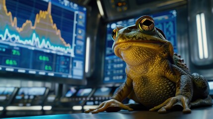 Frog Observing Rising Dogecoin Graph in Dark Tech Setting