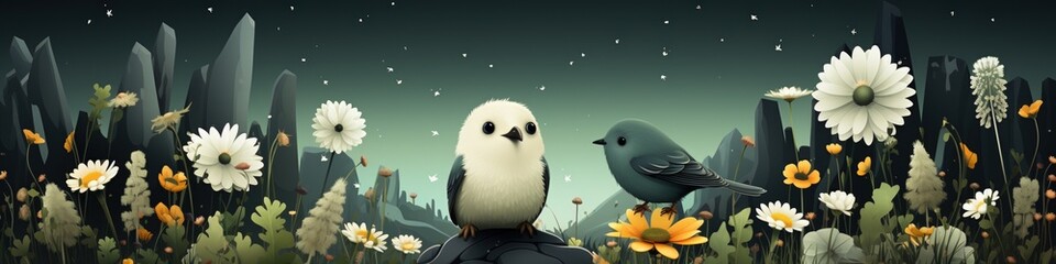 Two whimsical birds rest amidst a field of daisies under a twilight sky. The scene is serene and magical, evoking a sense of wonder.