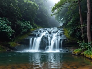 Fototapeta premium Serene cascading waterfall in misty forest, serene, nature