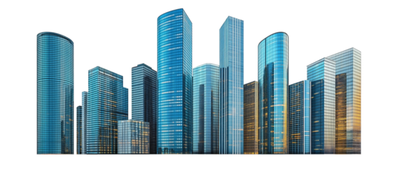 Modern skyscrapers of a smart city, futuristic financial district, graphic perspective of buildings and reflections - Architectural blue background for corporate and business brochure template