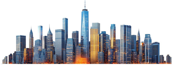 Modern skyscrapers of a smart city, futuristic financial district, graphic perspective of buildings and reflections - Architectural blue background for corporate and business brochure template