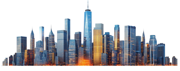 Modern skyscrapers of a smart city, futuristic financial district, graphic perspective of buildings and reflections - Architectural blue background for corporate and business brochure template