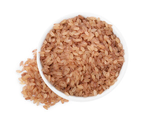 Raw organic matta rice in bowl isolated on white, top view