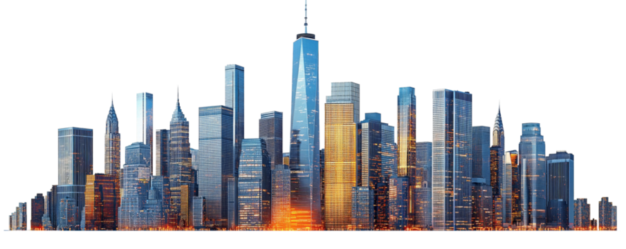 Modern skyscrapers of a smart city, futuristic financial district, graphic perspective of buildings and reflections - Architectural blue background for corporate and business brochure template