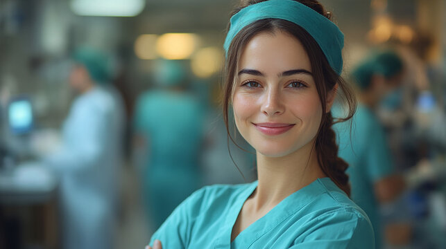 Young Smiling Nurse on blurred background of polyclinic with copy space, banner template