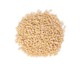 Heap of raw couscous isolated on white, top view