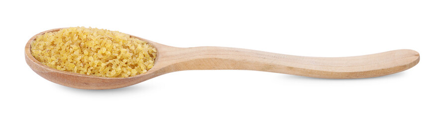 Raw bulgur in wooden spoon isolated on white