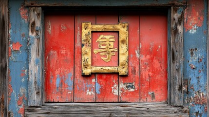 Weathered wooden door with traditional symbol in vibrant colors
