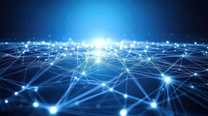 Fototapeta premium Digital pattern of interconnected dots and bright lines, forming a high-tech network effect on a deep blue background.