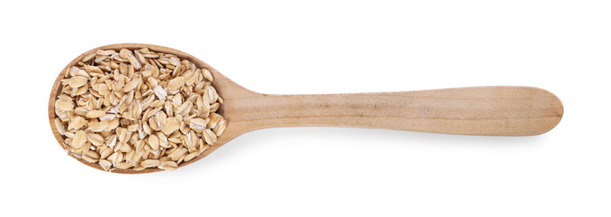 Dry oat flakes in wooden spoon isolated on white, top view