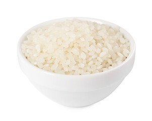 Raw rice in bowl isolated on white