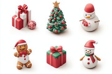 Charming 3D vector icon set of Christmas elements in red and green, featuring a gingerbread man, snowman, tree, and present, designed for high-quality printing.