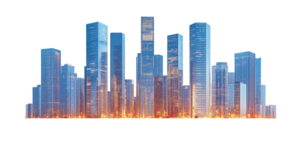 Modern skyscrapers of a smart city, futuristic financial district, graphic perspective of buildings and reflections - Architectural blue background for corporate and business brochure template