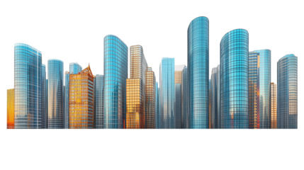 Modern skyscrapers of a smart city, futuristic financial district, graphic perspective of buildings and reflections - Architectural blue background for corporate and business brochure template