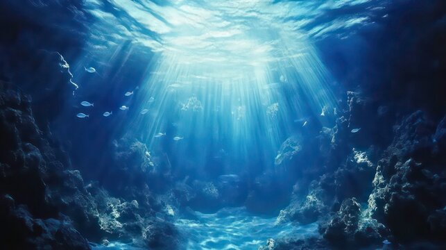 A deep blue sea scene beneath, sunlit waters streaming above, fish swimming at the ocean floor