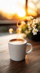 Obraz premium Coffee Sunrise: A steaming cup of coffee sits on a wooden table, bathed in the warm glow of a sunrise, creating a serene and inviting morning scene.