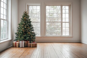 Fototapeta premium Christmas tree with presents in front of large windows, festive New Year’s Eve atmosphere in empty room, simple white background.