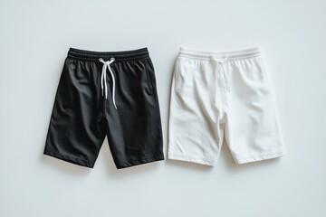 Black and white board shorts with drawstrings displayed side by side on a clean background, ideal for beachwear mockups, branding templates, and customizable swimwear designs