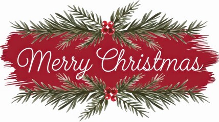 Merry Christmas Banner with Traditional Green Garland and Red Background