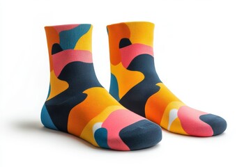 Bright and colorful patterned socks with abstract designs displayed on a white background, ideal for creative mockups, branding templates, and customizable merchandise projects