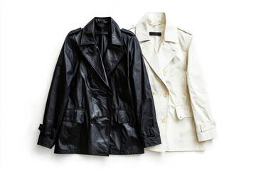 Black and white trench coats displayed side by side on a clean white background, ideal for fashion mockups, branding templates, and customizable outerwear designs