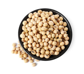 Soy beans in bowl isolated on white, top view