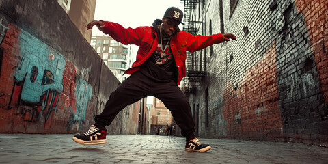 Fototapeta premium Young Black man practicing dance moves in empty alleyway, wearing hip hop clothes and sneakers.